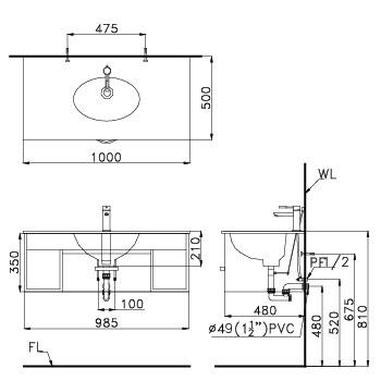 Bản vẽ kích thước chậu rửa mặt Caesar LF5028S