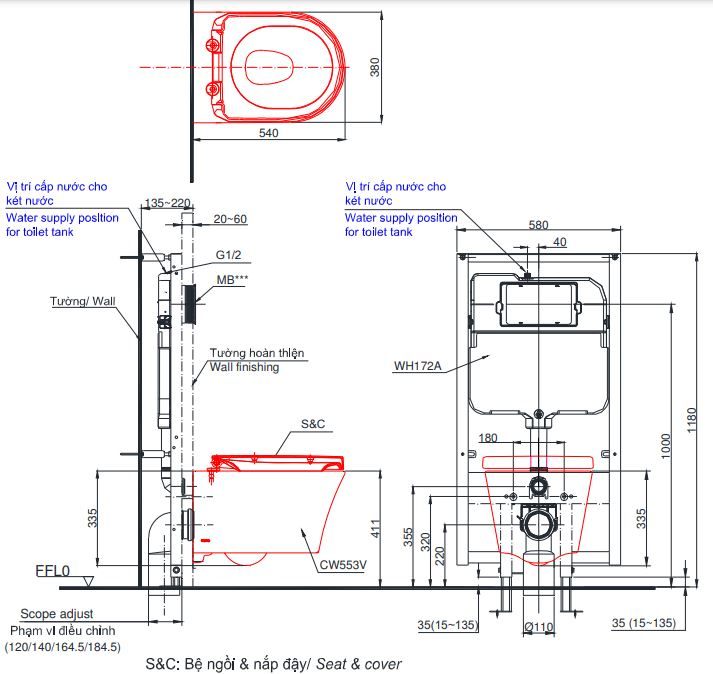 Bản vẽ kích thước xí bệt treo tường Toto CW553