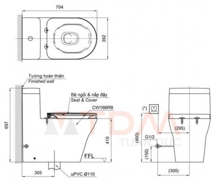 Bản vẽ kích thước bồn cầu TOTO điện tử CW166 nắp TCF33320GAA