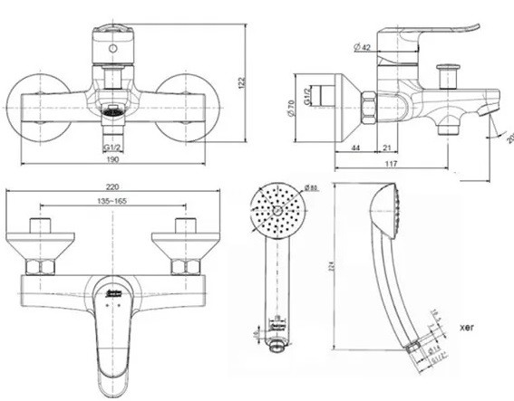 Bản vẽ kích thước vòi sen American Standard WF-0711