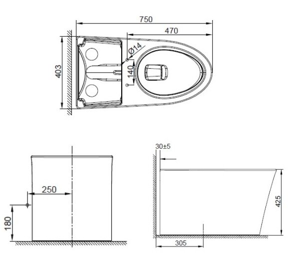 Bản vẽ kích thước bàn cầu American 3232 WT