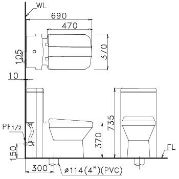 Bản vẽ bồn cầu Caesar CD1347 - Xí bệt bàn cầu vệ sinh 1 khối