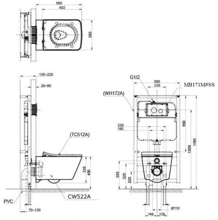 Bản vẽ kích thước xí bệt Toto CW522A WH172A MB170P#SS