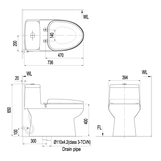 Bản vẽ bệ xí bệt Inax 939 xả 2 nút nhấn nắp rửa cơ