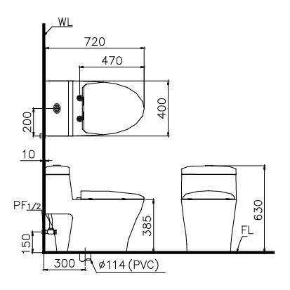 Bản vẽ bồn cầu Caesar CD 1356 + nắp cơ TAF050