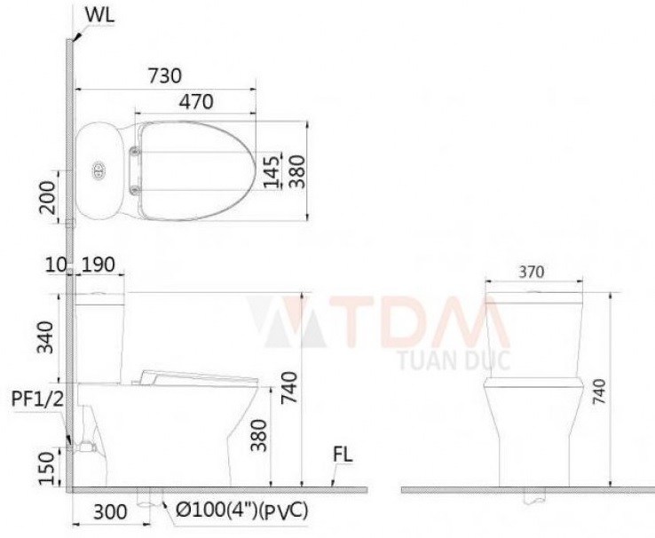 Bản vẽ bồn cầu Caesar CD1320 + TAF060