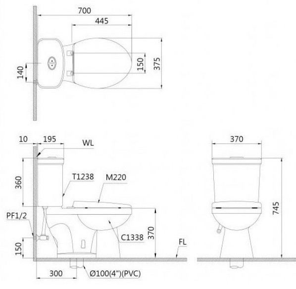 Bản vẽ bồn cầu Caesar C1338-TAF060