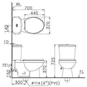 Bản vẽ kích thước bồn cầu C1338 nắp điện tử TAF 200H Caesar