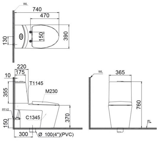 Bản vẽ kích thước bồn cầu C1345 nắp rửa TAF 200H Caesar