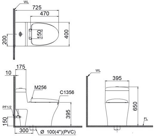 Bản vẽ kích thước bồn cầu CD1356 nắp điện tử TAF400H