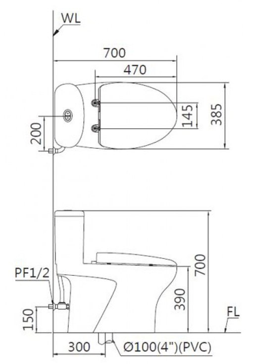 Bản vẽ kích thước bàn cầu Caesar C1394+TAF400H