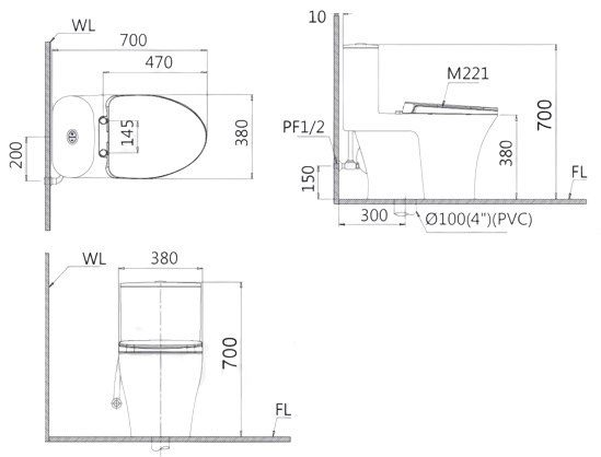 Bản vẽ kích thước bồn cầu thông minh Caesar CD1395/TAF200H