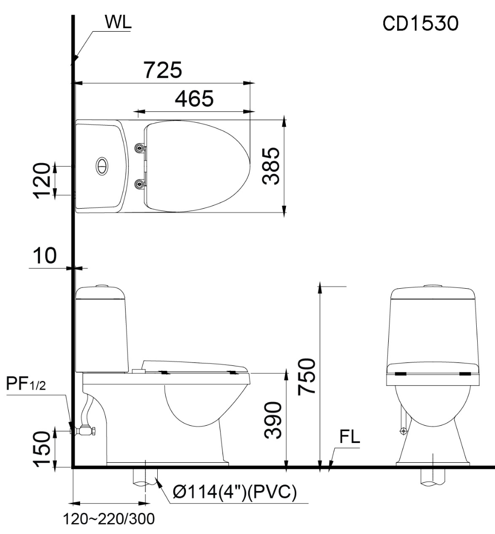 Bản vẽ kích thước bồn cầu C1530 nắp rửa TAF400H