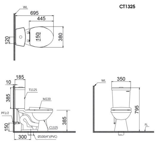 Bản vẽ kích thước bồn cầu CT1325 nắp rửa cơ TAF050 Caesar