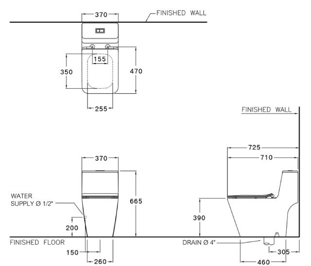 Bản vẽ kích thước bàn cầu C 1032 MBK Cotto