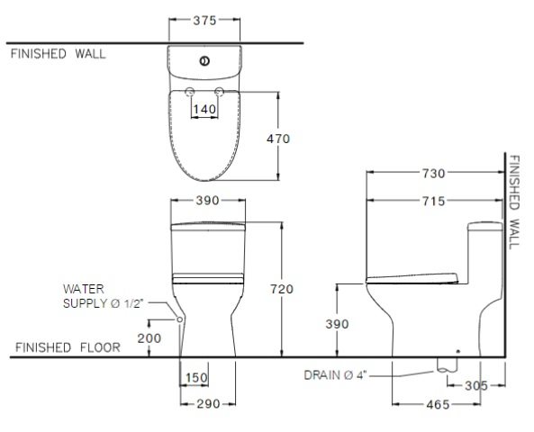 Bản vẽ kích thước bồn cầu C105337 1 khối Cotto