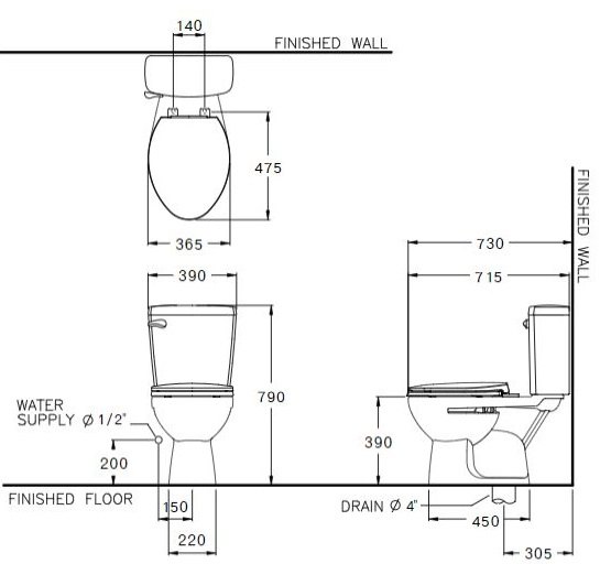 Bản vẽ kích thước bồn cầu C13444 COTTO dòng Boom