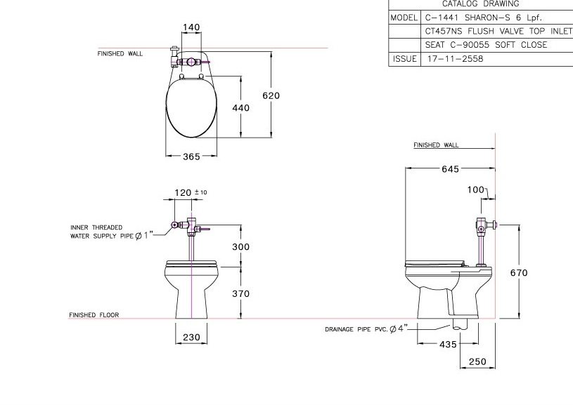 Bản vẽ kích thước bồn cầu cụt cotto C 1441 