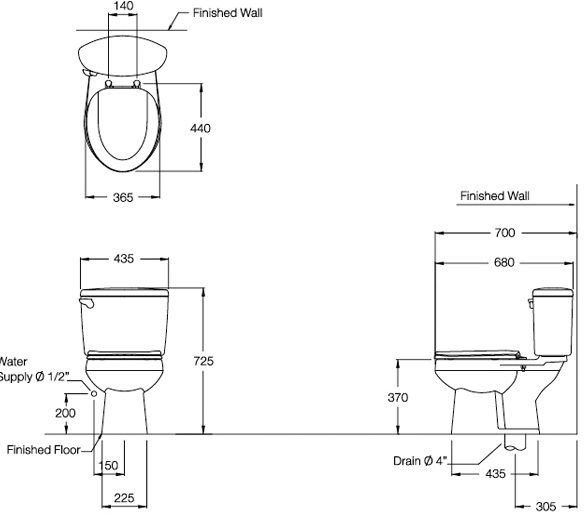 Bản vẽ bồn cầu C1444 COTTO dòng SHARON 2 khối