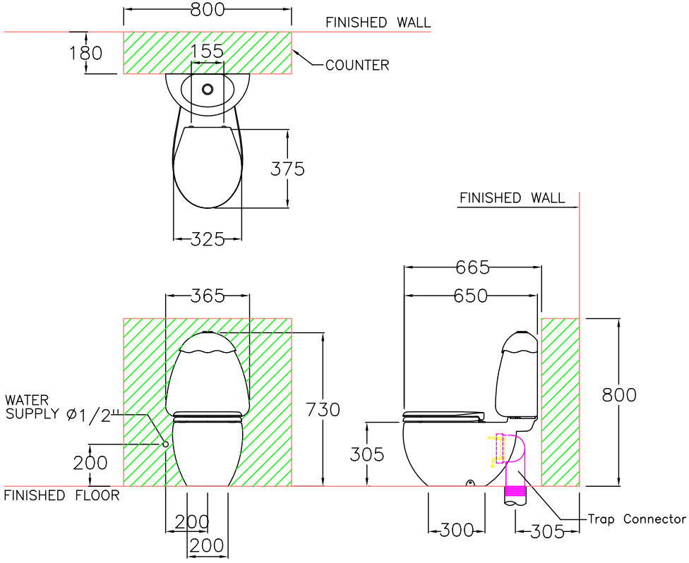 Bản vẽ kích thước bồn cầu Cotto C15007 KW