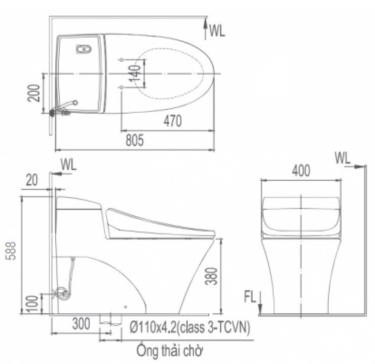 Bản vẽ kích thước inax 1008 nắp điện tử CW-H20