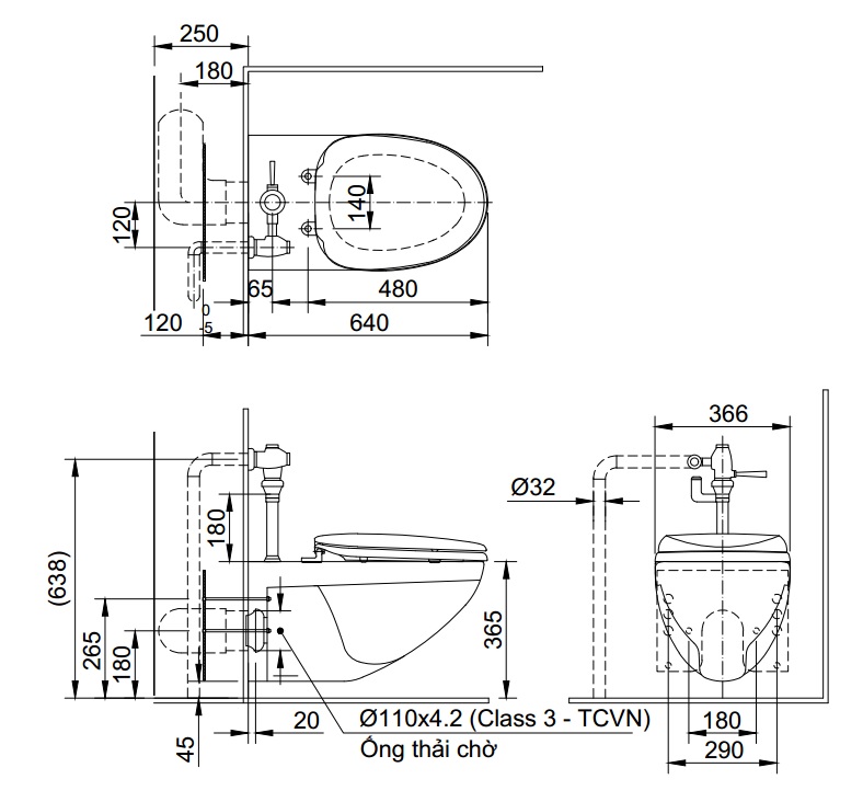 Bản vẽ bàn cầu AC-22PVN Inax thoát ngang