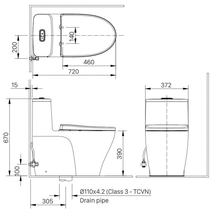 Bản vẽ kích thước bàn cầu INAX AC989 nắp CWH20VN