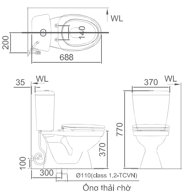 Bản vẽ bồn cầu Inax C-108VA - Xí bệt bàn cầu vệ sinh 2 khối nắp thường