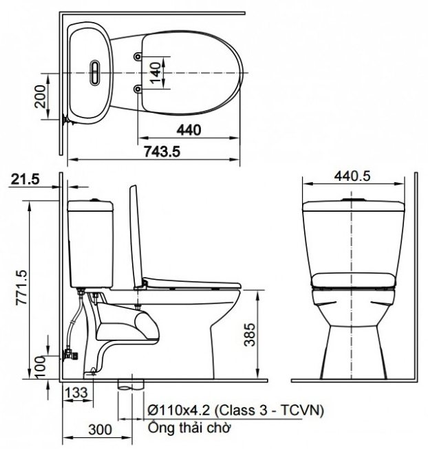 Bản vẽ kích thước bồn cầu Inax C-306A+CW-S15VN