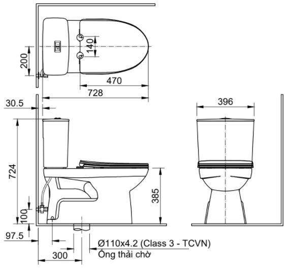 Bản vẽ kích thước bồn cầu INAX C-514A/CW-H18VN