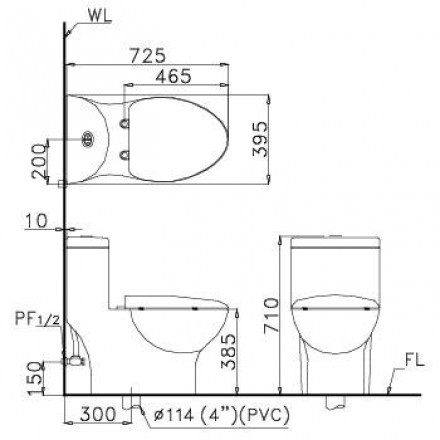 Bản vẽ bồn cầu Caesar CD1375+TAF050 nắp rửa cơ