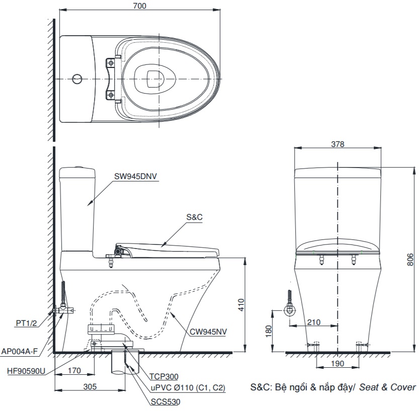 Bản vẽ bồn cầu TOTO CS945DNT3 thùng nước S9450