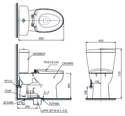 bản vẽ bồn cầu TOTO CS300DRE4 nắp rửa cơ