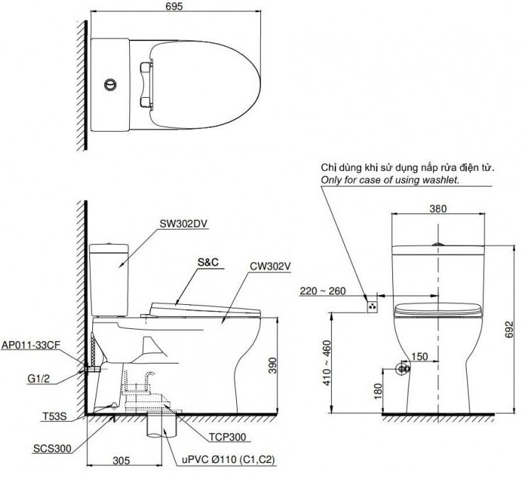 Bản vẽ bồn cầu CS 302DE4 nắp rửa cơ TCW1211A TOTO