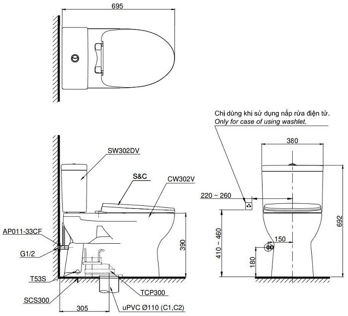 Bản vẽ kích thước xí bệt CS302 DT10 TOTO