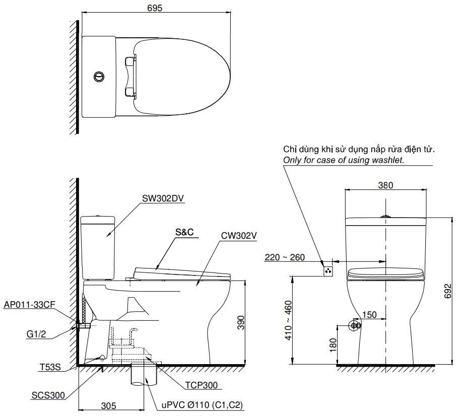 Bản vẽ kích thước bồn cầu điện tử TOTO CS 302DW16