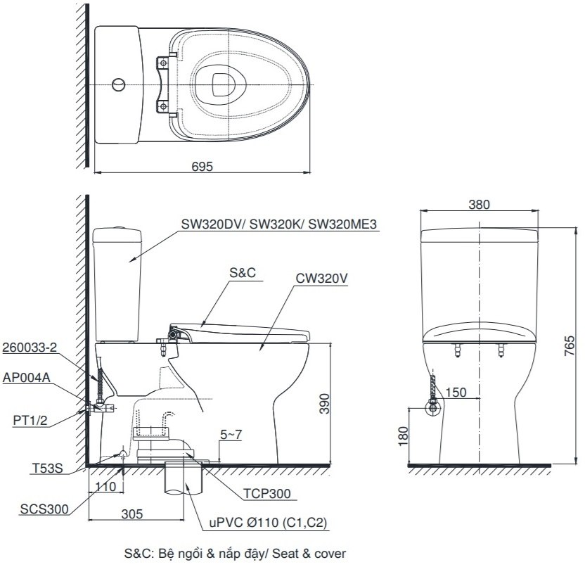 Bản vẽ kích thước bồn cầu CS320 TOTO nắp điện tử TCF23410AAA