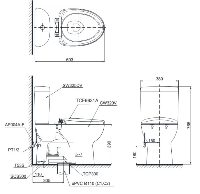 Bản vẽ kích thước bồn cầu CS325 TOTO nắp điện tử TCF23410AAA