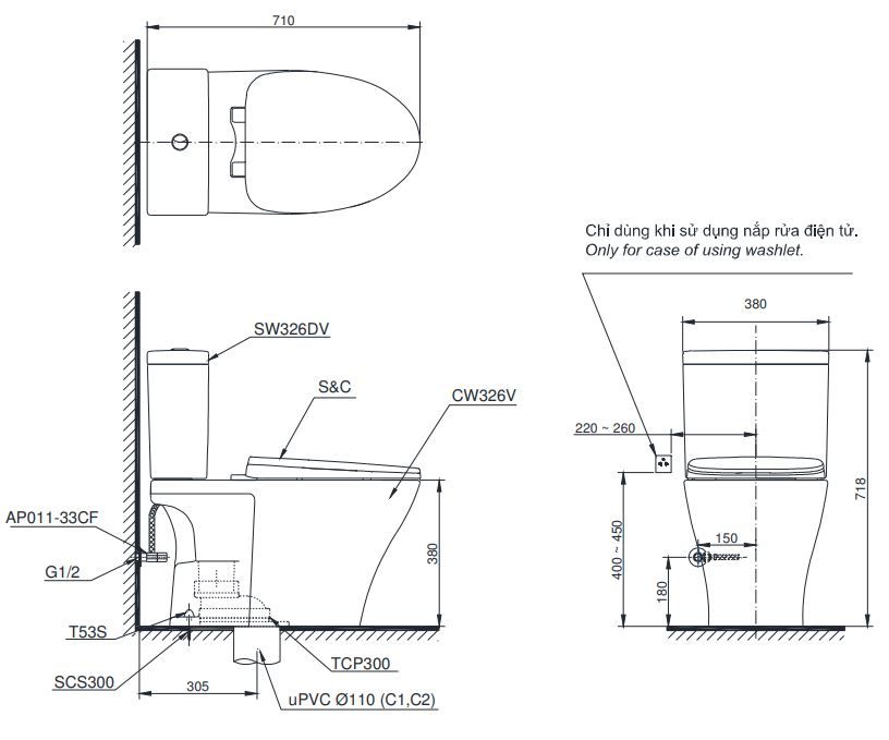 Bản vẽ kích thước bồn cầu CS326 DT10 TOTO