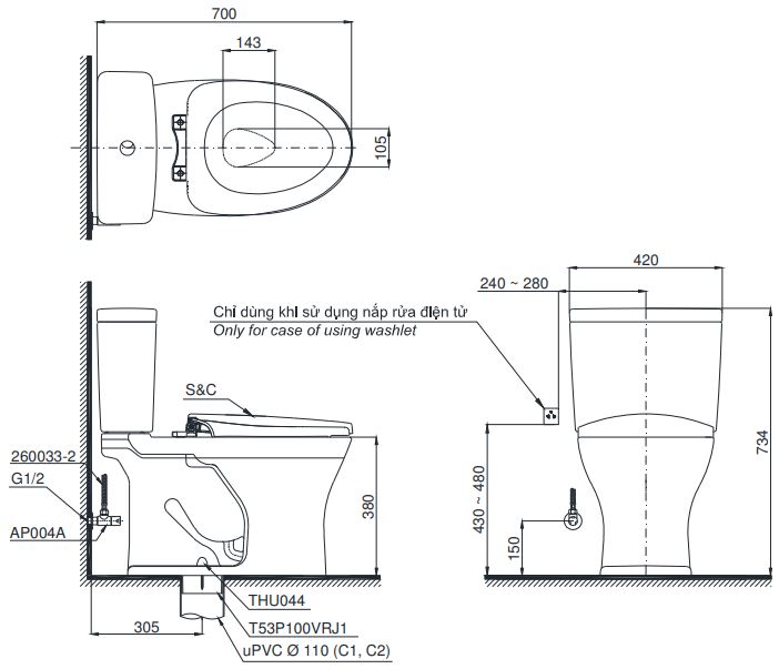 Bản vẽ bồn cầu C735 nắp êm TC393VS TOTO