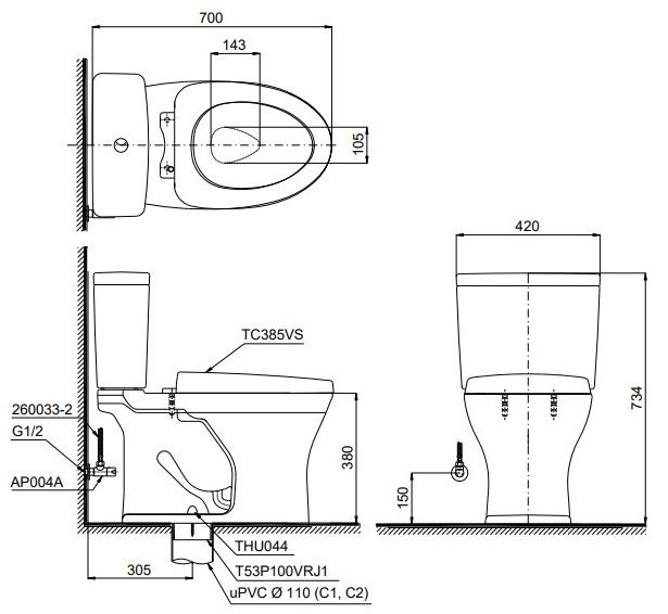 Bản vẽ bồn cầu C735 nắp êm TC385VS TOTO