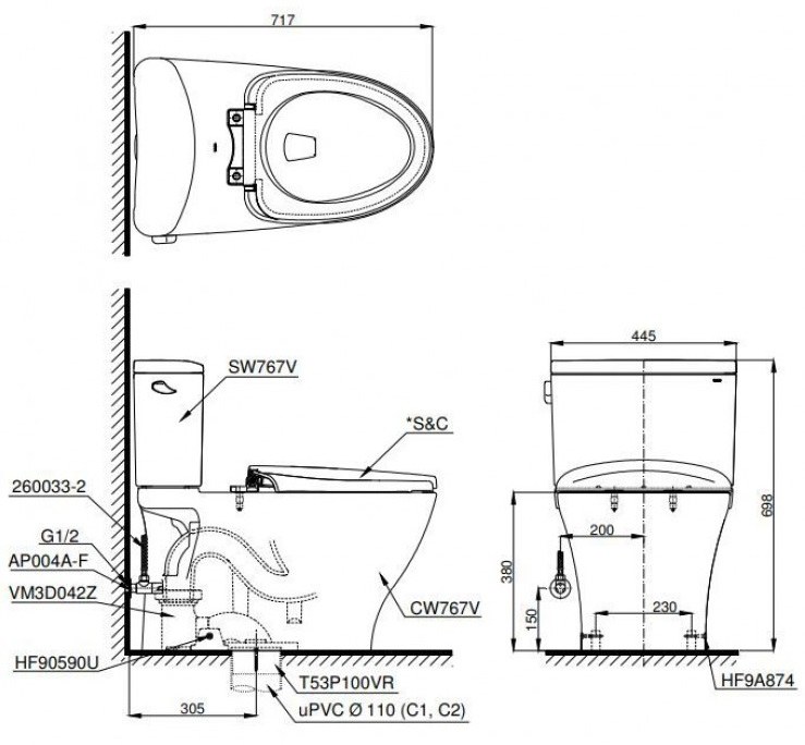 Bản vẽ kích thước bồn cầu điện tử TOTO CS767W18