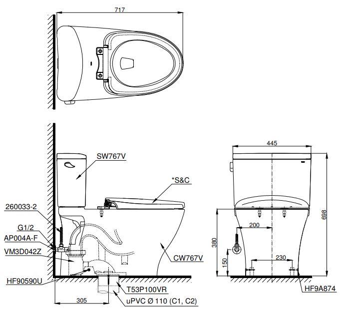 Bản vẽ bồn cầu 2 khối TOTO CS767W6