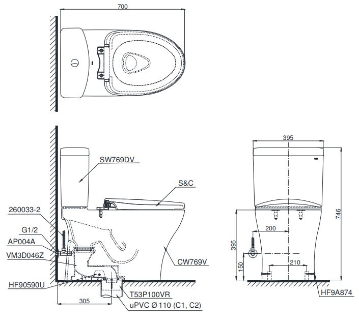 Bản vẽ bồn cầu CS769 nắp rửa cơ TCW07S TOTO