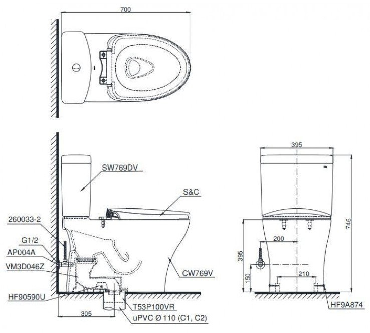 Bản vẽ kích thước bồn cầu điện tử CS 769DRW18 TOTO