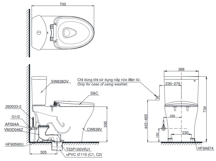 Bản vẽ bồn cầu nắp êm TOTO CS838D T3