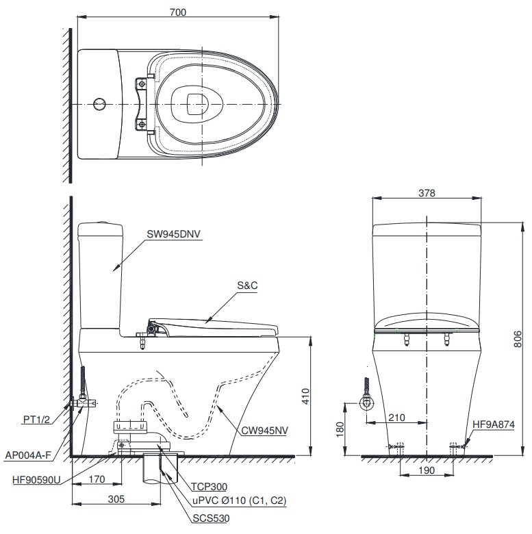 bản vẽ bồn cầu nắp điện tử TOTO CS945DW11