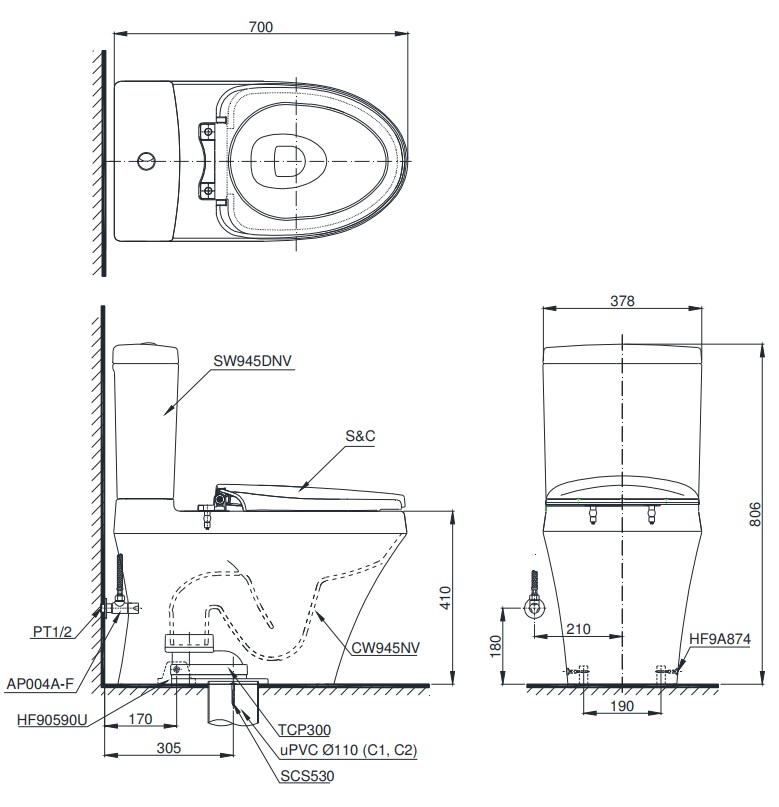 Bản vẽ bệt vệ sinh CS945 TOTO