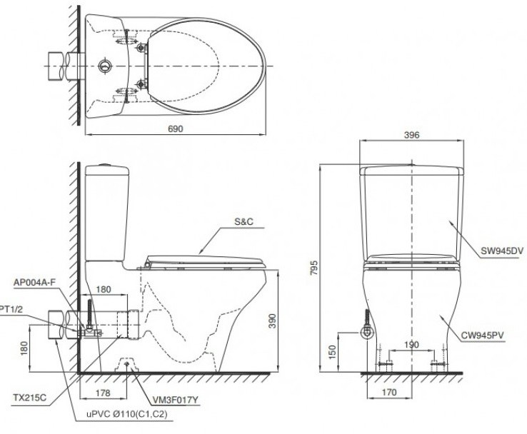 Bản vẽ kĩ thuật bồn cầu TOTO CS945PDT10 thoát ngang