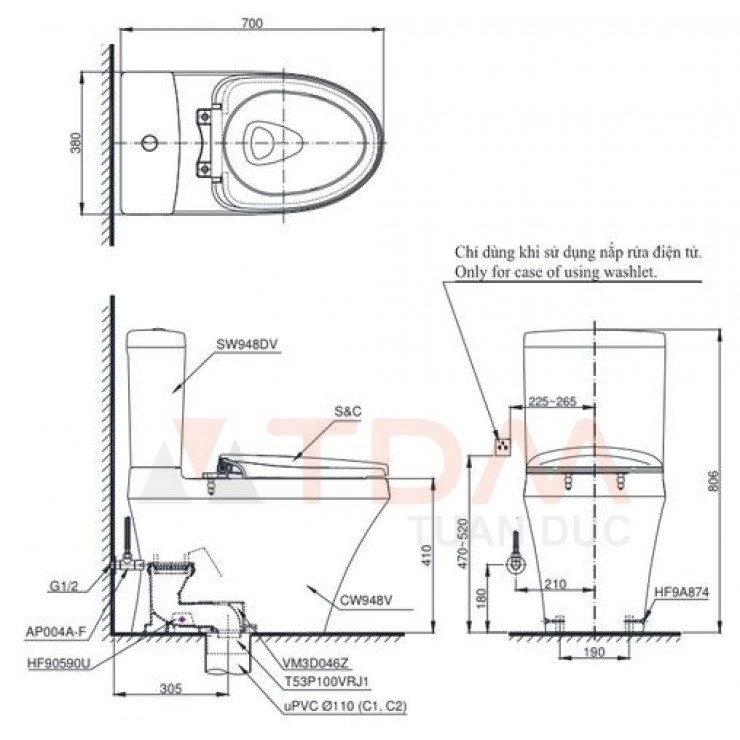 Bản vẽ kích thước bồn cầu CS 948DT10 TOTO